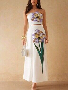 Elegant White Midi Skirt With Three-Dimensional Colorful Flowers